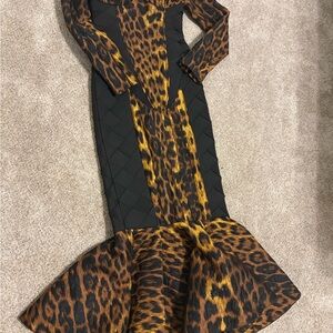 Balmain Black and Brown Leopard Long Sleeve Dress